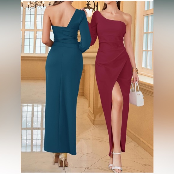 One Shoulder Long Sleeve Sexy High Slit Ruched Bodycon Wedding Party Maxi Dress - Picture 3 of 5